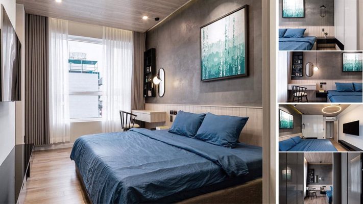 Phòng ngủ rộng rãi với màu sơn xám - trắng