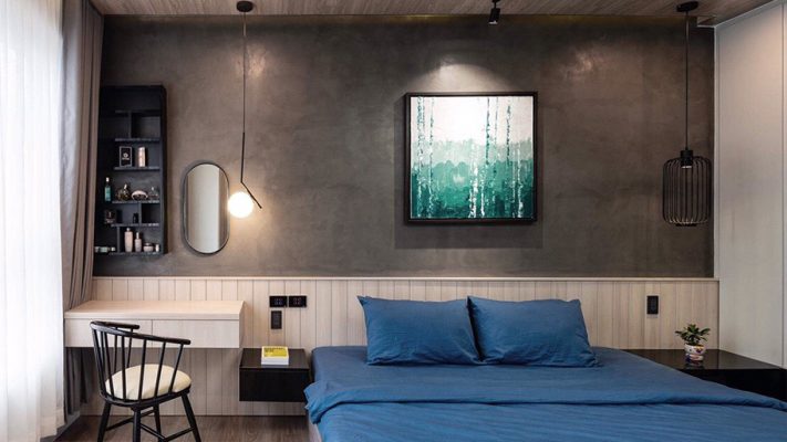 Sơn hiệu ứng bê tông màu đen xám làm cho phòng ngủ của bạn thêm độc đáo