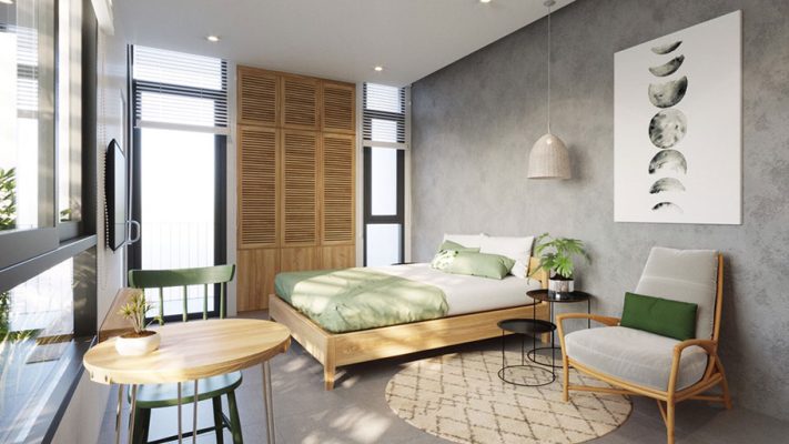 Phòng ngủ với tường sơn bê tông