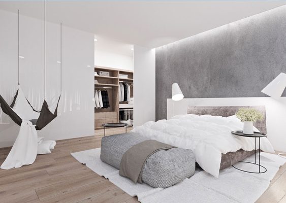 Phòng ngủ phối màu trắng và ghi hiện đại