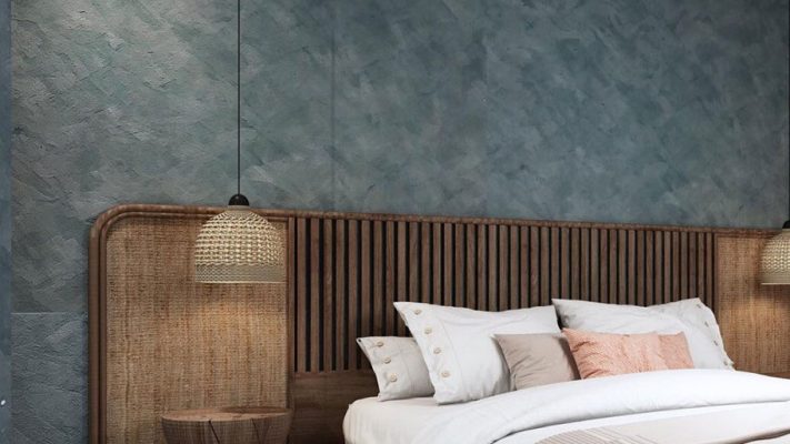 Sơn hiệu ứng bê tông một phần tường phòng ngủ