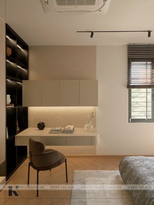 Điểm nhấn bằng sơn giả bê tông tại không gian bàn làm việc