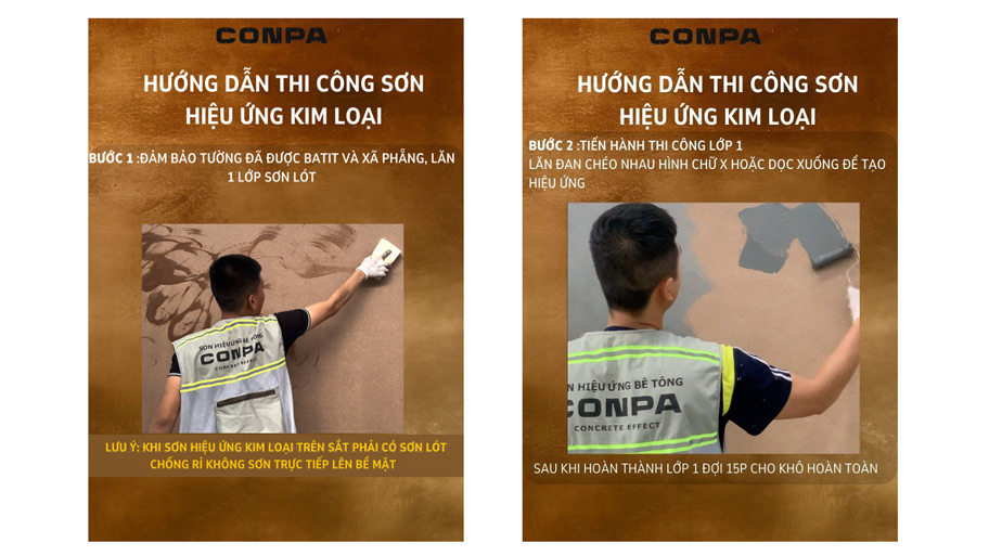 Bước 1 và bước 2 trong thi công sơn hiệu ứng kim loại