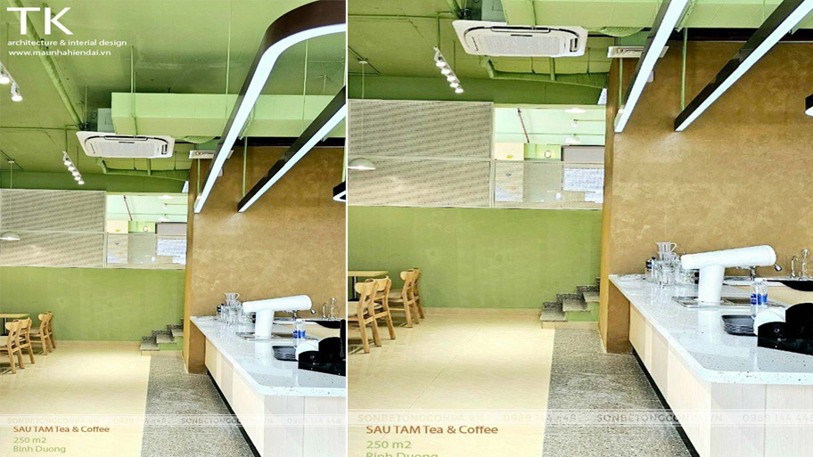 Mẫu quán cafe ứng dụng sơn hiệu ứng màu xanh lá