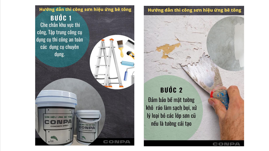 Quy trình bước 1 và bước 2 thi công sơn hiệu ứng bê tông