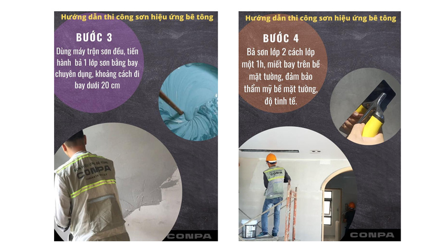 Quy trình bước 3 và bước 4 thi công sơn hiệu ứng bê tông