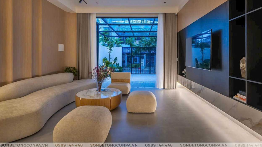 Ứng dụng sơn hiệu ứng trong phòng khách phong cách Wabi Sabi