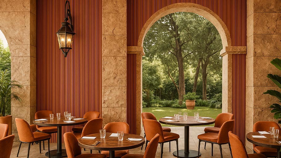 Nhà hàng sử dụng sơn hiệu ứng màu đỏ đất sét