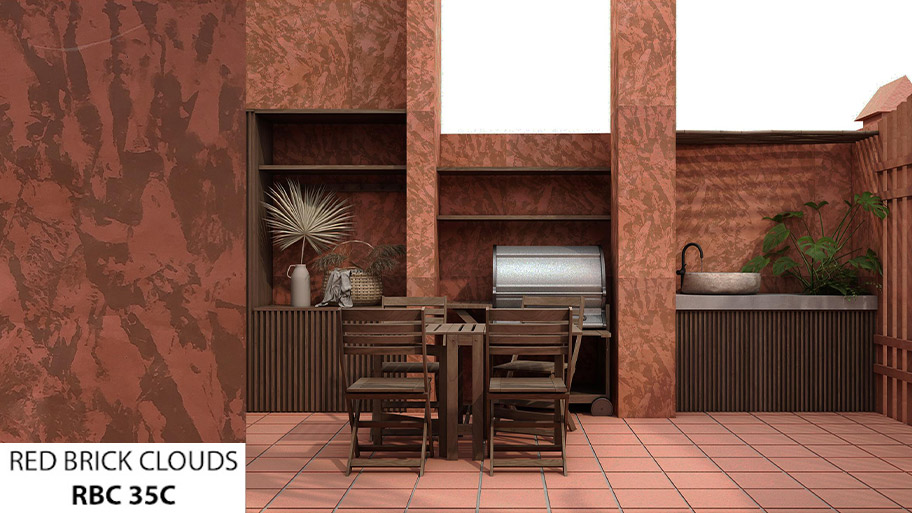 Phòng bếp sử dụng sơn hiệu ứng màu đỏ đất loang