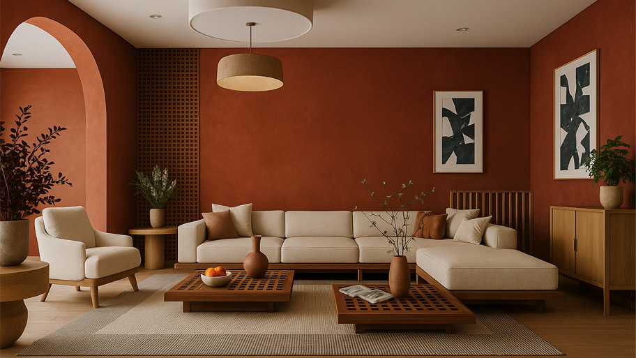 Phòng khách sử dụng sơn hiệu ứng màu đỏ đất trầm