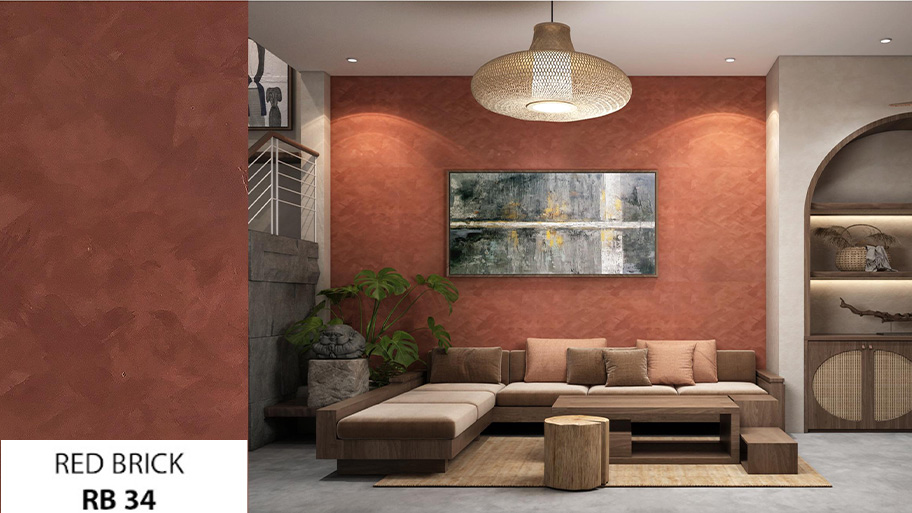 Phòng khách sử dụng sơn hiệu ứng màu đỏ gạch