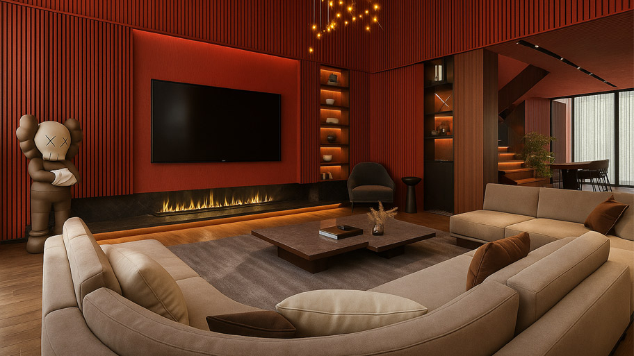 Phòng khách sử dụng sơn hiệu ứng màu đỏ rượu vang