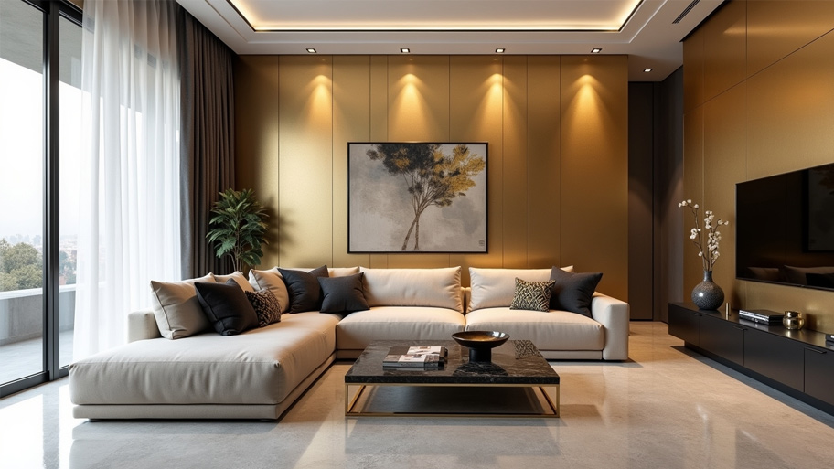 Phòng khách ứng dụng màu sơn hiệu ứng hợp mệnh Hỏa