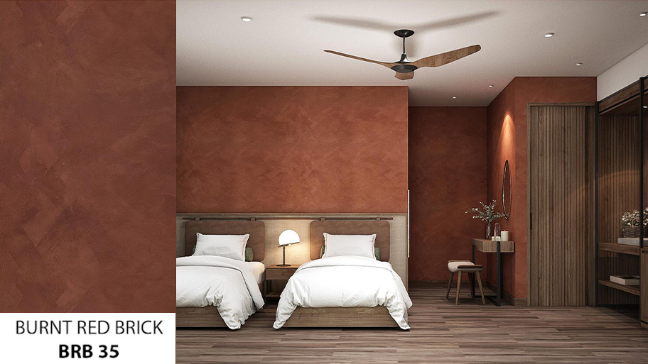 Phòng ngủ sử dụng sơn hiệu ứng màu đỏ đất trầm