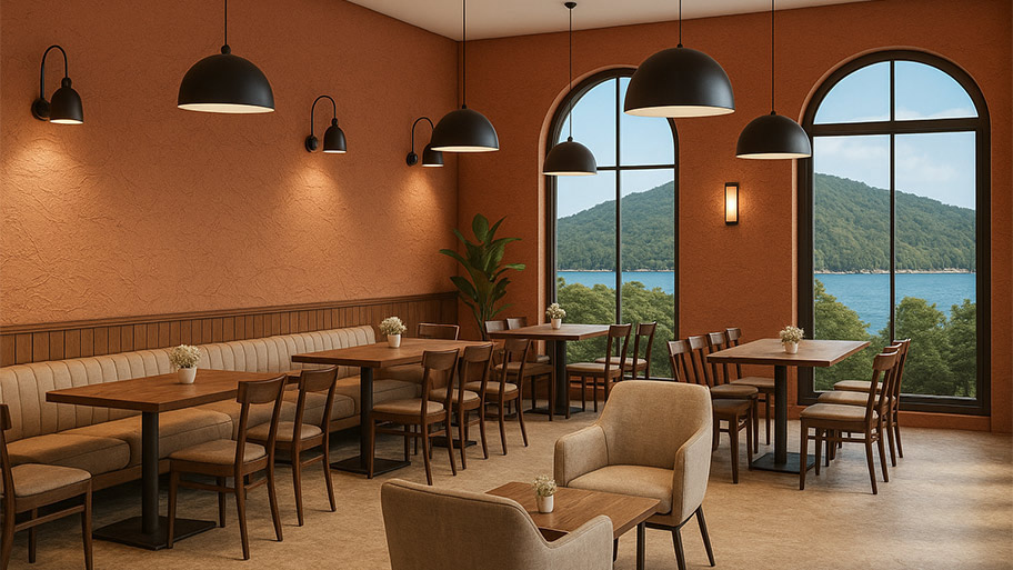 Quán cafe sử dụng sơn hiệu ứng màu đỏ đất sét