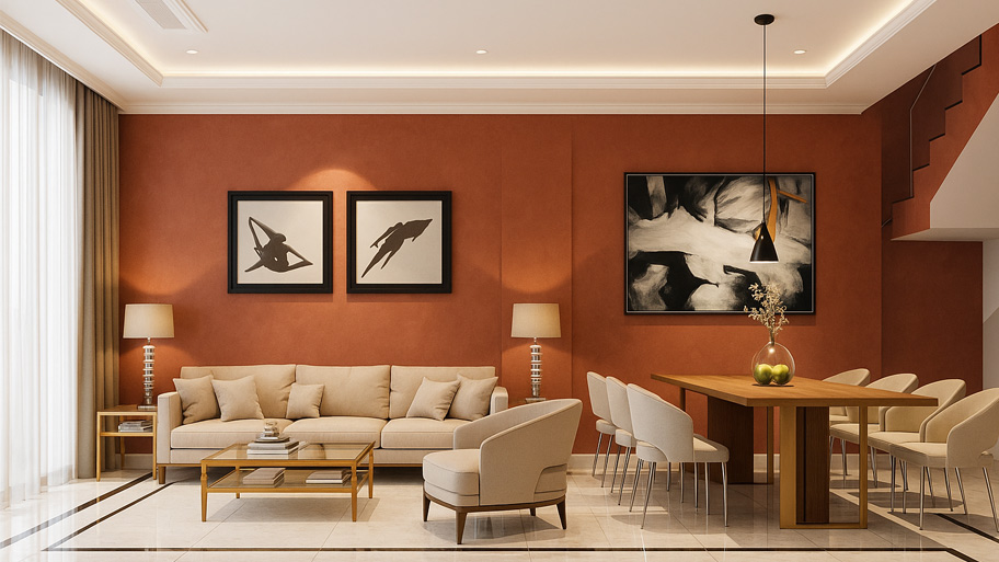 Sử dụng sơn hiệu ứng màu đỏ gạch trong phòng khách