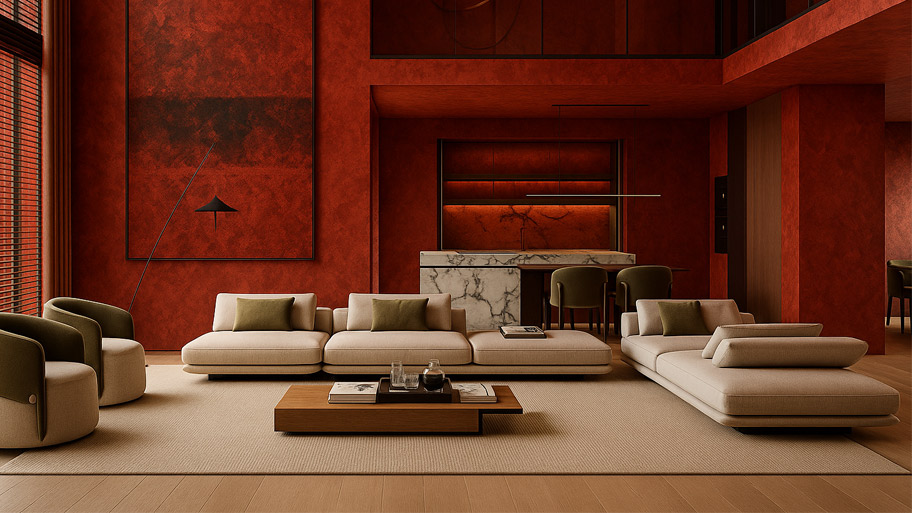 Ứng dụng sơn hiệu ứng màu đỏ trong phòng khách