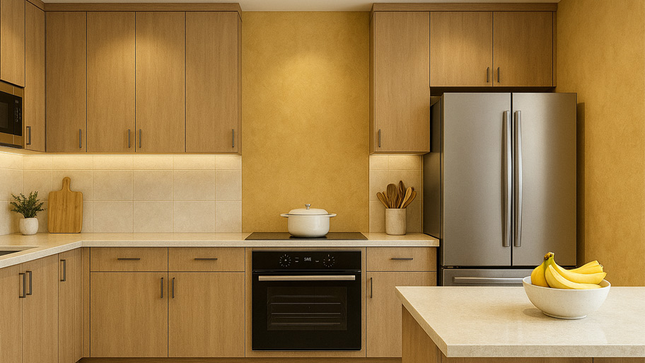 Phòng bếp sử dụng sơn hiệu ứng màu vàng ánh kim