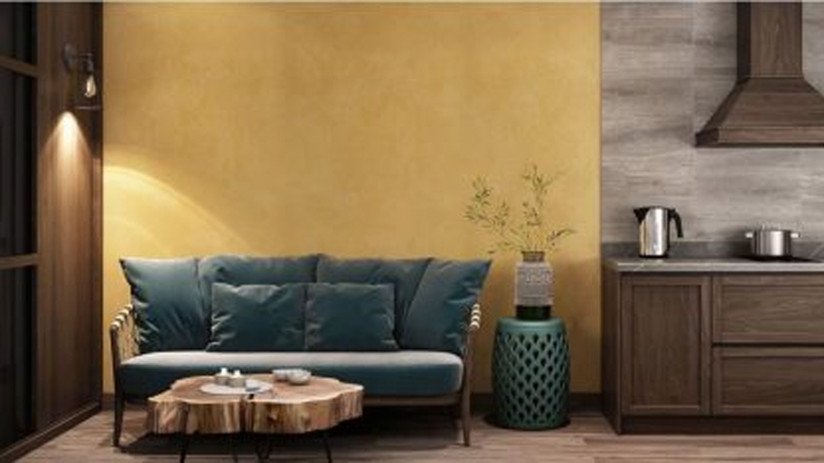 Phòng khách sử dụng sơn hiệu ứng màu vàng đất