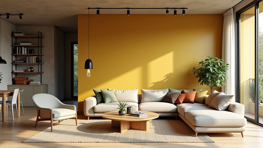 Phòng khách sử dụng sơn hiệu ứng màu vàng