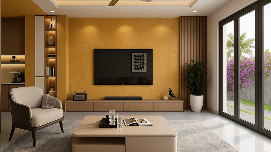 Phòng khách ứng dụng sơn hiệu ứng màu vàng đất