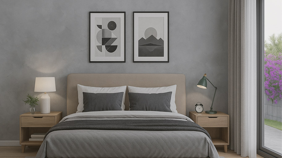 Phòng ngủ sử dụng sơn hiệu ứng màu xám