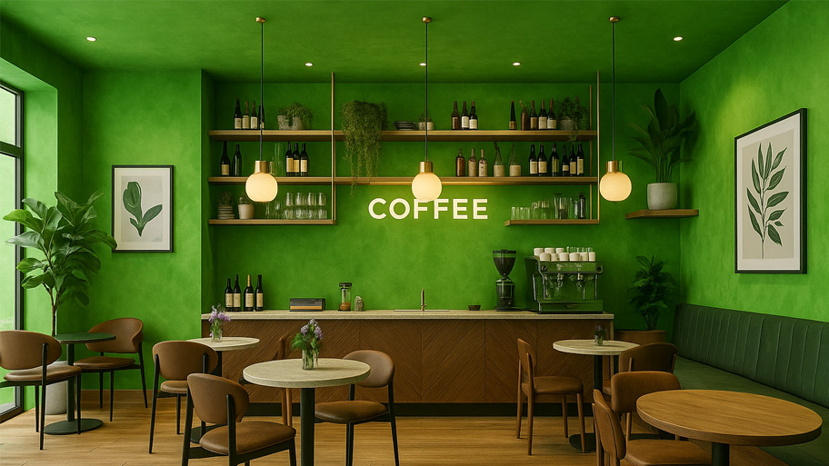 Quán cafe sử dụng sơn hiệu ứng màu xanh lá mạ
