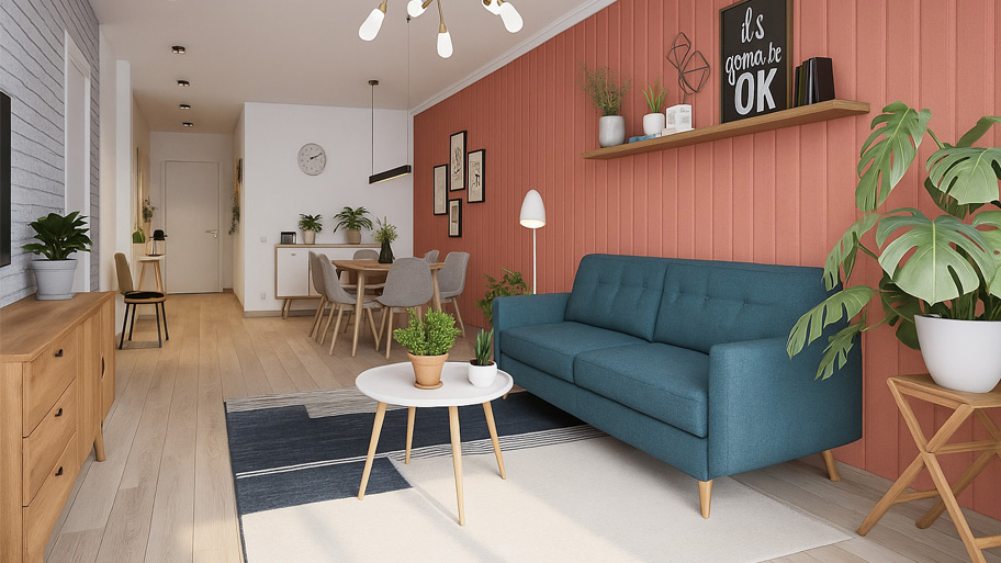 Phòng khách dùng màu sơn hiệu ứng hợp tuổi Mậu Dần