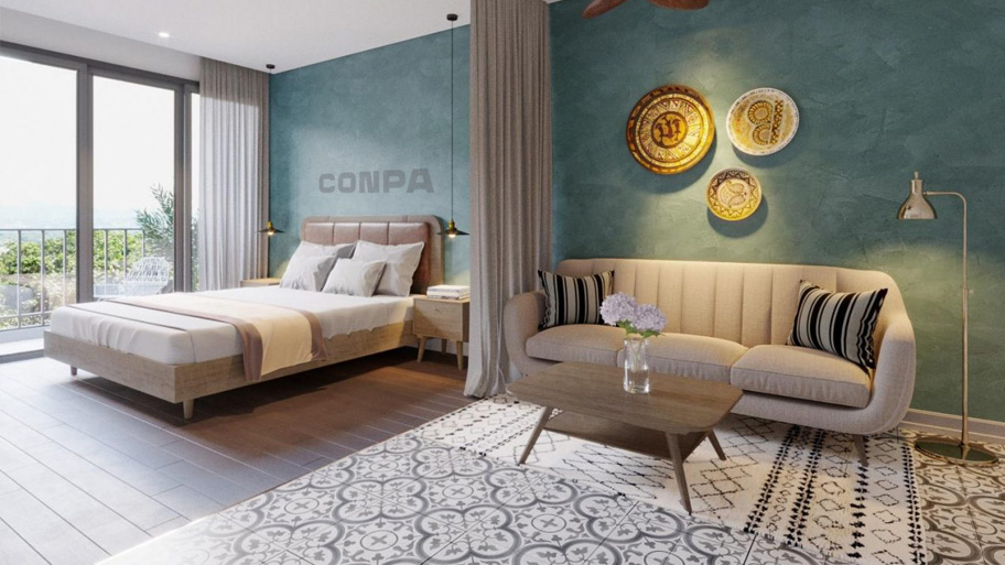 Phòng khách dùng màu sơn hiệu ứng hợp tuổi Nhâm Tý