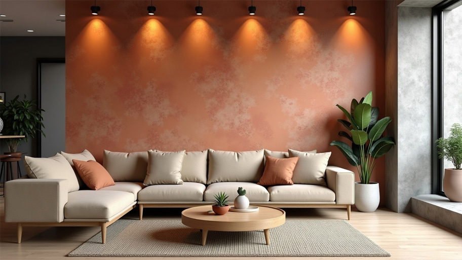 Phòng khách sử dụng màu sơn hiệu ứng hợp mệnh Thổ